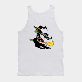 Green Skin Black Haired Witch on Broom Stick Tank Top